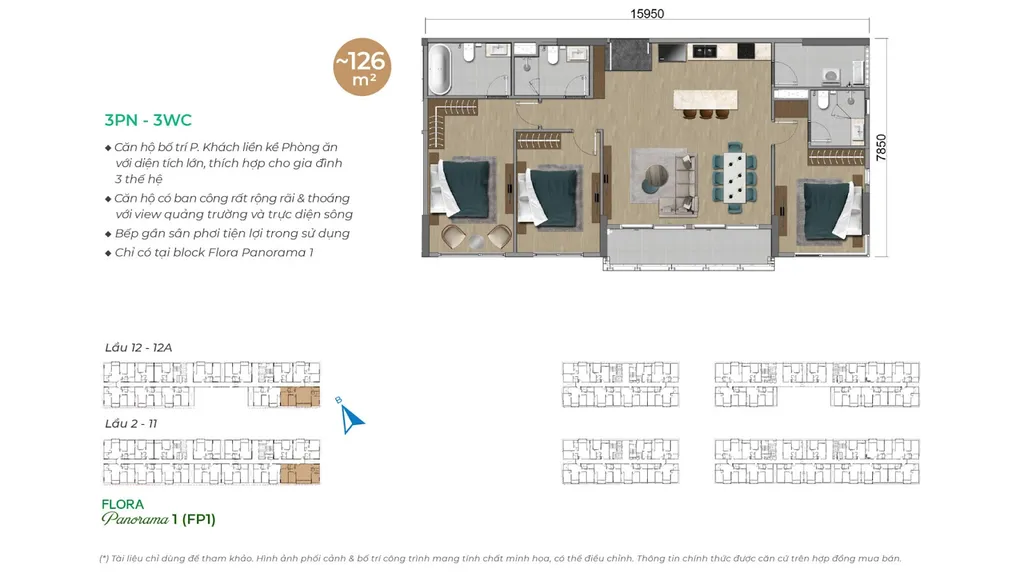 Mặt bằng căn hộ 3 phòng ngủ - 3 WC, diện tích 126m2 tại Flora Panorama 1 - Mizuki Park