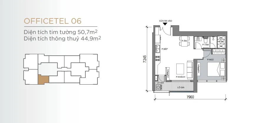 Mặt bằng căn hộ 1 phòng ngủ loại Officetel 06 diện tích 44,9m2 tại Grand Marina Saigon