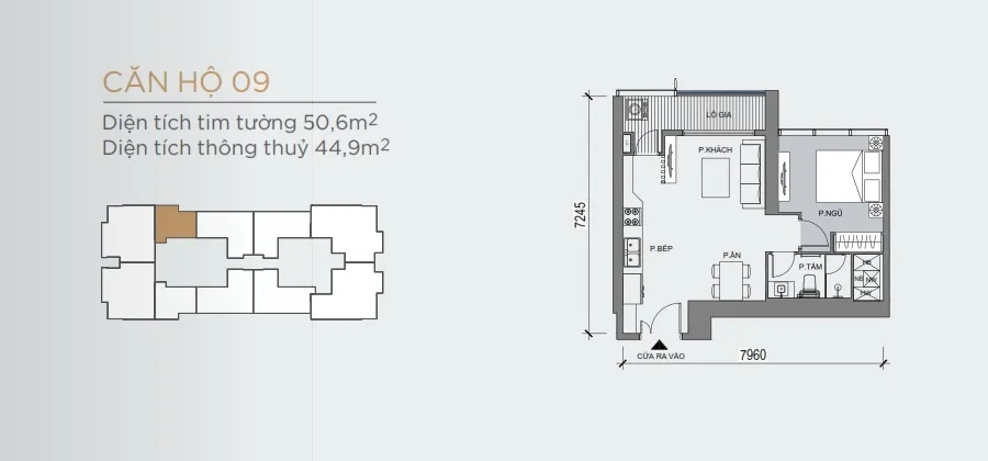 Mặt bằng căn hộ 1 phòng ngủ loại 09 diện tích 44,9m2 tại Grand Marina Saigon