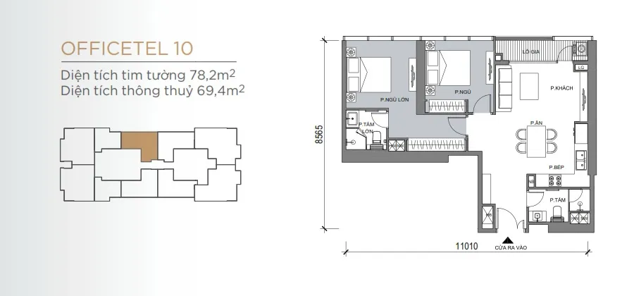 Mặt bằng căn hộ 2 phòng ngủ loại Officetel 10 diện tích 69,4m2 tại Grand Marina Saigon