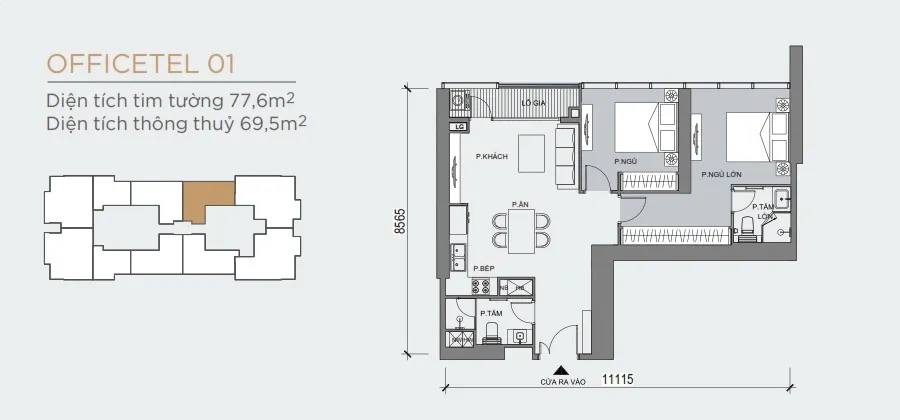 Mặt bằng căn hộ 2 phòng ngủ loại Officetel 01 diện tích 69,5m2 tại Grand Marina Saigon