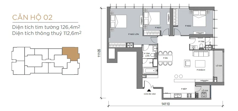 Mặt bằng căn hộ 3 phòng ngủ loại 02 diện tích 112,6m2 tại Grand Marina Saigon