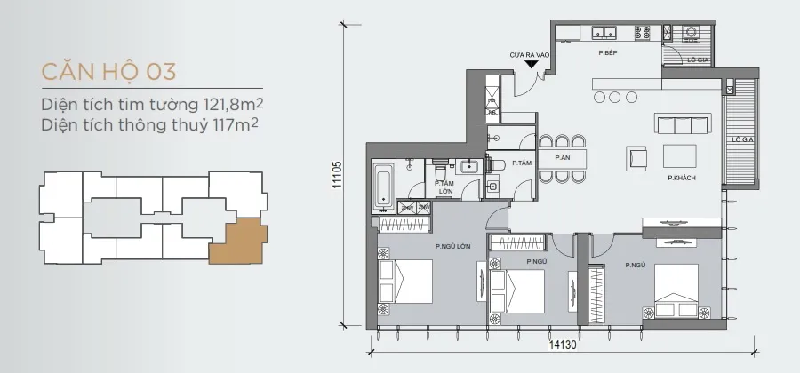 Mặt bằng căn hộ 3 phòng ngủ loại 03 diện tích 117m2 tại Grand Marina Saigon