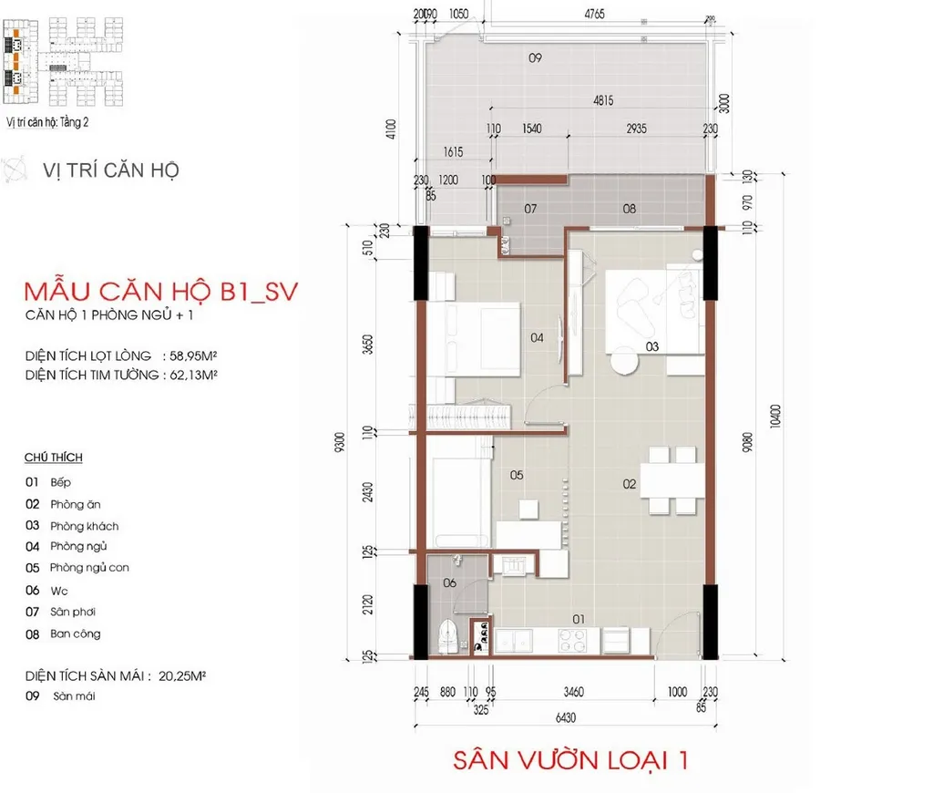 Mặt bằng căn hộ 1 phòng ngủ + 1 mẫu B1_SV sân vườn loại 1 diện tích 58,95m2 tại Thủ Thiêm Green House