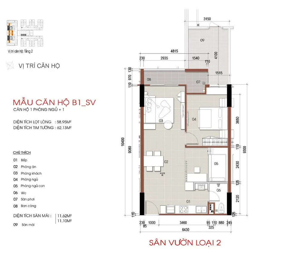 Mặt bằng căn hộ 1 phòng ngủ + 1 mẫu B1_SV sân vườn loại 2 diện tích 58,95m2 tại Thủ Thiêm Green House