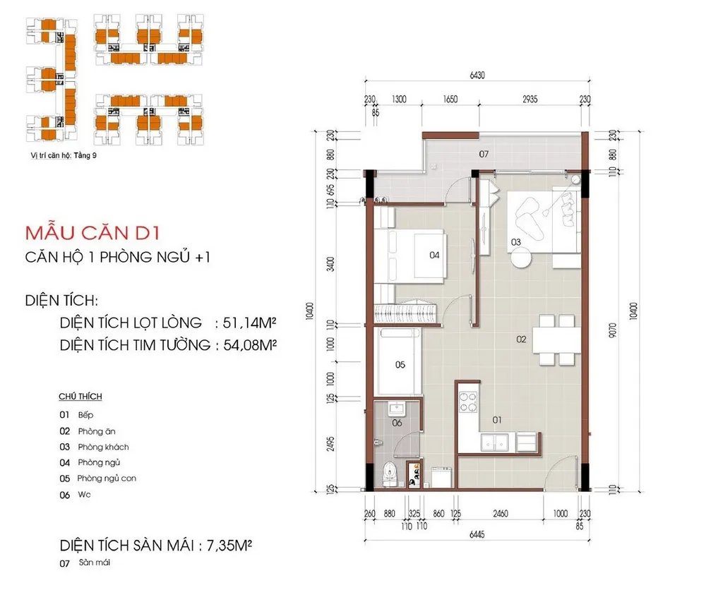 Mặt bằng căn hộ 1 phòng ngủ + 1 mẫu D1 diện tích 51,14m2 tại Thủ Thiêm Green House