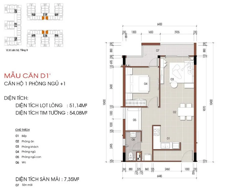 Mặt bằng căn hộ 1 phòng ngủ + 1 mẫu D1’ diện tích 51,14m2 tại Thủ Thiêm Green House