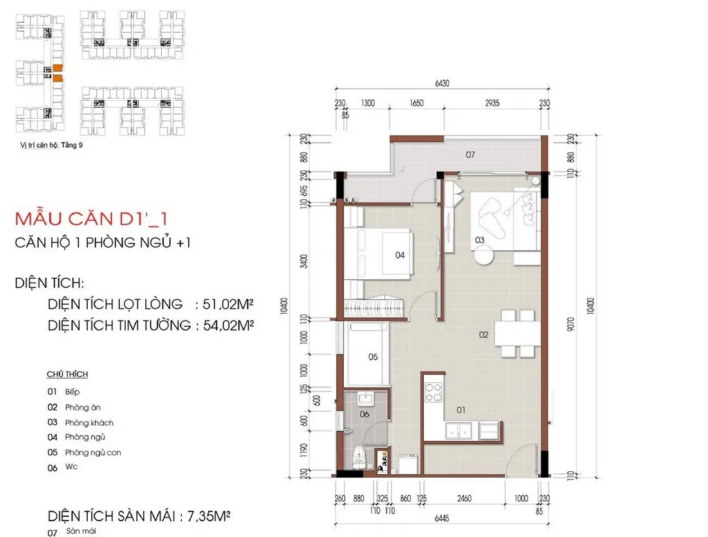 Mặt bằng căn hộ 1 phòng ngủ + 1 mẫu D1’_1 diện tích 51,02m2 tại Thủ Thiêm Green House