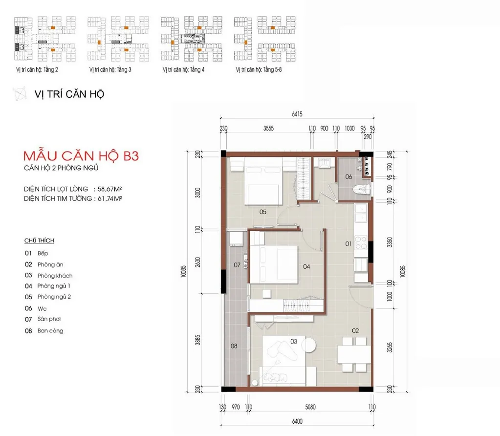 Mặt bằng căn hộ 2 phòng ngủ mẫu B3 diện tích 58,67m2 tại Thủ Thiêm Green House