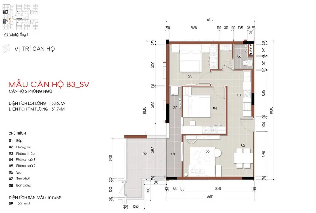 Mặt bằng căn hộ 2 phòng ngủ mẫu B3_SV diện tích 58,67m2 tại Thủ Thiêm Green House