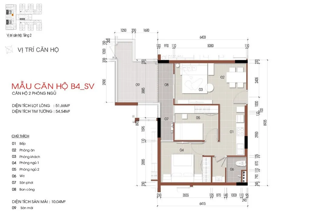 Mặt bằng căn hộ 2 phòng ngủ mẫu B4_SV diện tích 51,66m2 tại Thủ Thiêm Green House