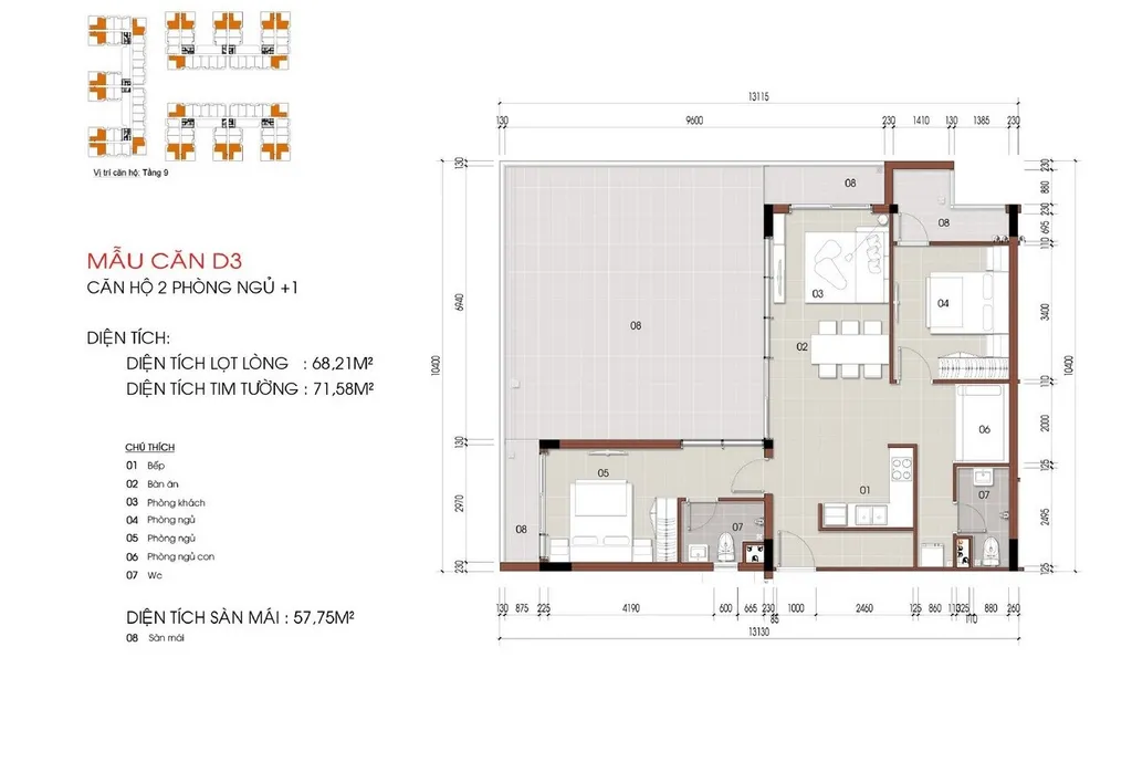 Mặt bằng căn hộ 2 phòng ngủ + 1 mẫu D3 diện tích 68,21m2 tại Thủ Thiêm Green House