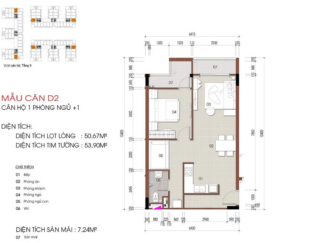 Mặt bằng căn hộ 1 phòng ngủ + 1 mẫu D2 diện tích 50,67m2 tại Thủ Thiêm Green House