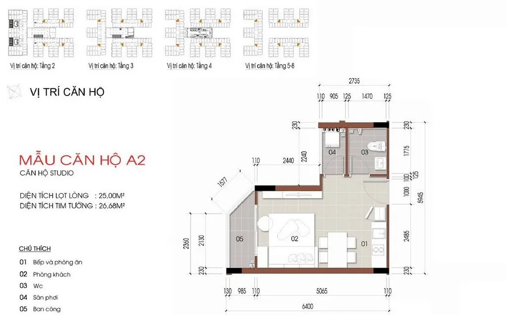 Mặt bằng căn hộ studio mẫu A2 diện tích 25m2 tại Thủ Thiêm Green House