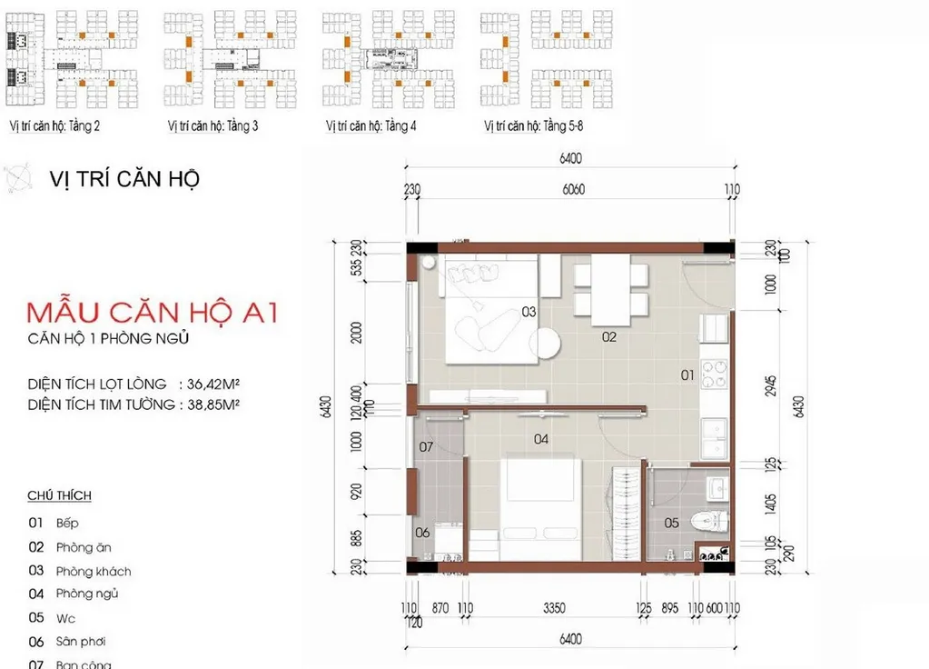 Mặt bằng căn hộ 1 phòng ngủ mẫu A1 diện tích 36,42m2 tại Thủ Thiêm Green House