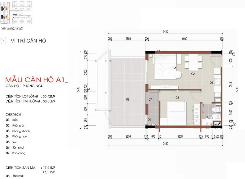 Mặt bằng căn hộ 1 phòng ngủ mẫu A1_ diện tích 36,42m2 tại Thủ Thiêm Green House