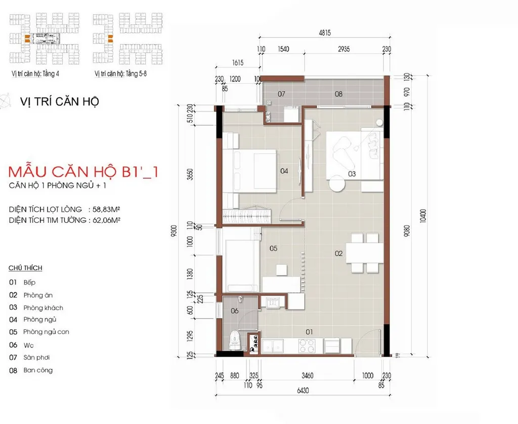 Mặt bằng căn hộ 1 phòng ngủ + 1 mẫu B1’_1 diện tích 58,83m2 tại Thủ Thiêm Green House