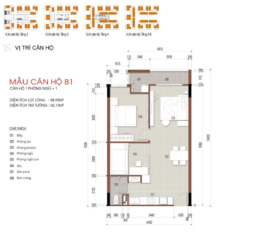 Mặt bằng căn hộ 1 phòng ngủ + 1 mẫu B1 diện tích 58,95m2 tại Thủ Thiêm Green House