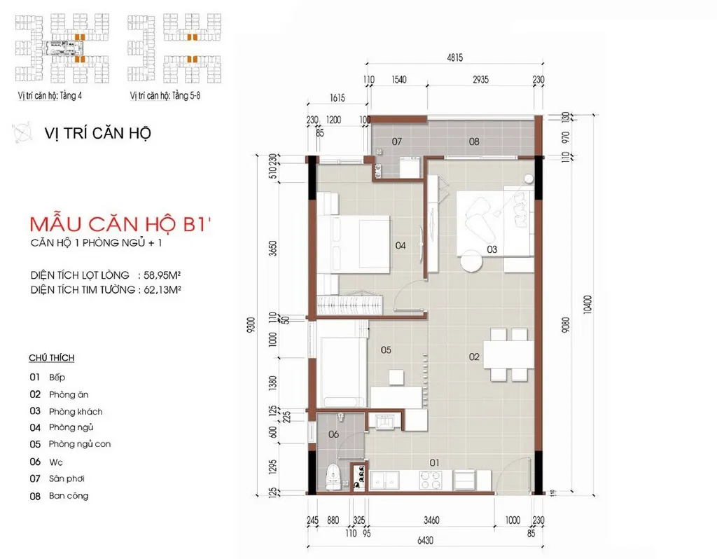 Mặt bằng căn hộ 1 phòng ngủ + 1 mẫu B1’ diện tích 58,95m2 tại Thủ Thiêm Green House