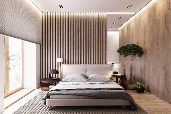 Phòng ngủ ứng dụng gỗ ốp tường độc đáo