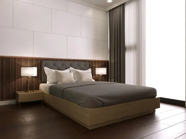 Chân tường vách đầu giường phòng ngủ ốp gỗ hiện đại