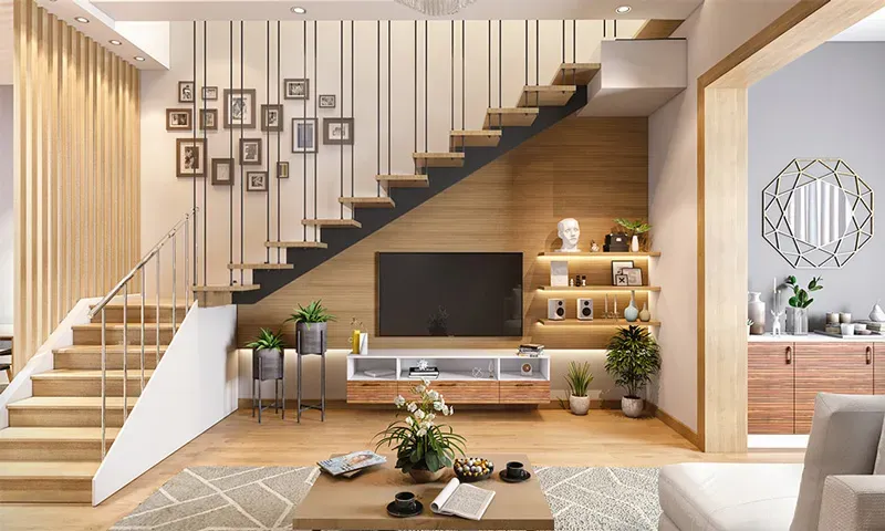 Kiểu cầu thang gỗ chữ L thường được ứng dụng cho nhà ống