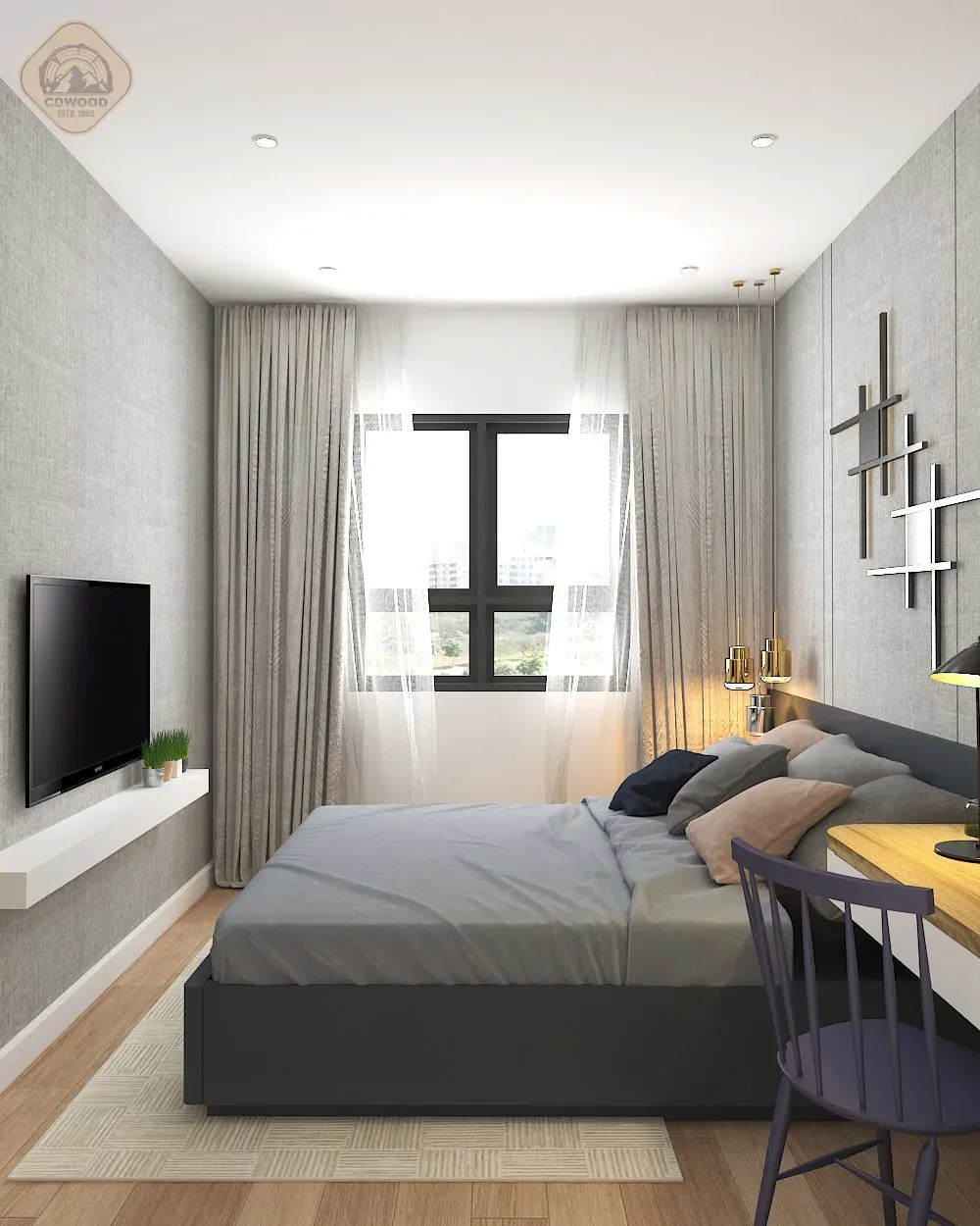 Sử dụng khung cửa sổ lớn để đón ánh sáng tự nhiên cho căn hộ chung cư 2 phòng ngủ