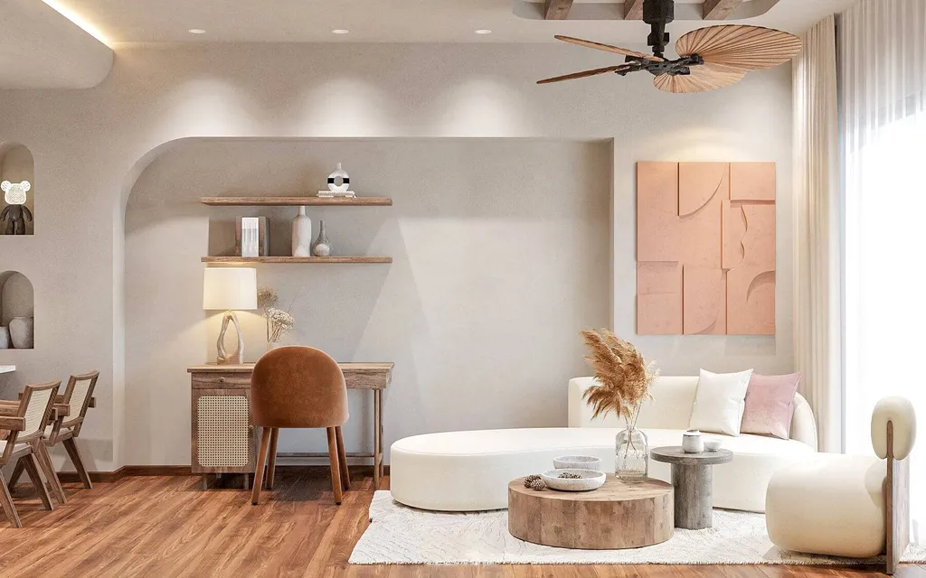 Không gian phòng khách kết hợp làm việc mang phong cách Wabi Sabi
