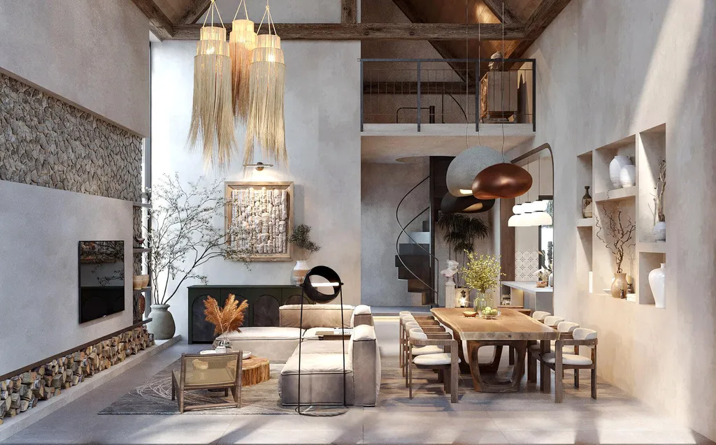 Không gian sinh hoạt bên trong căn biệt thự phong cách Wabi Sabi