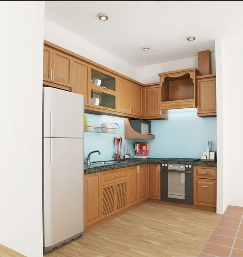 Bàn thờ Ông Táo thường được thiết kế đồng bộ với hệ tủ bếp trên