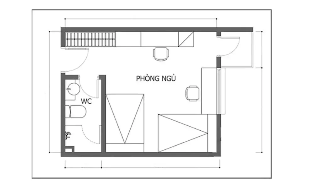 Mặt bằng nội thất gợi ý cho phòng trọ 15m2