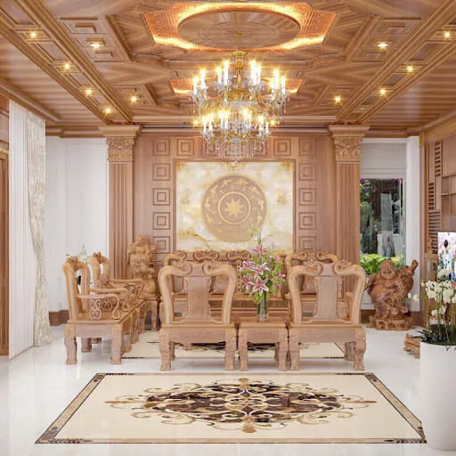 Mẫu trần gỗ phòng khách truyền thống