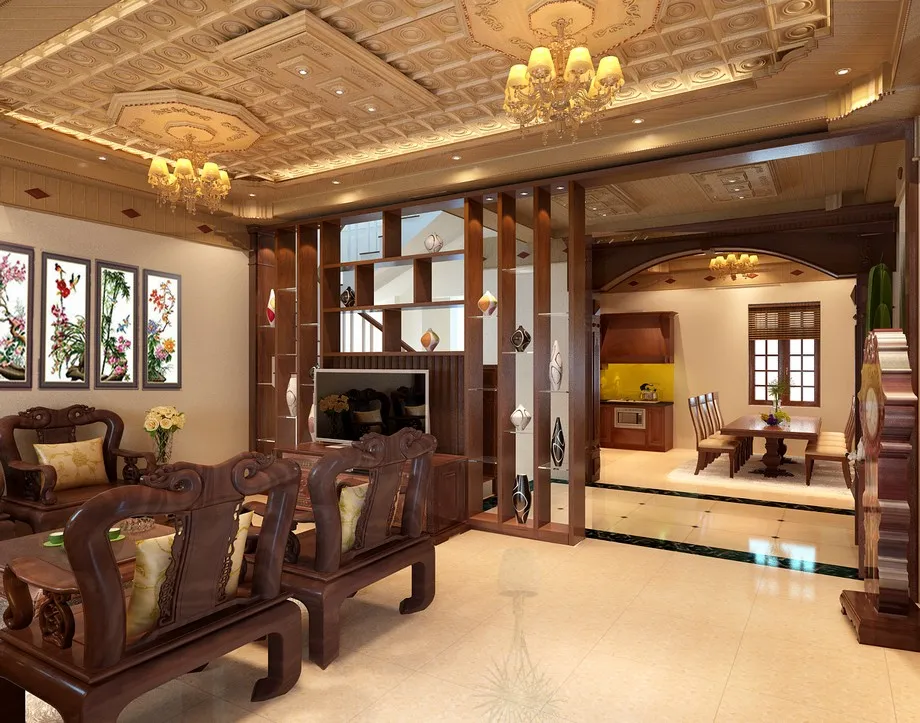 Mẫu trần gỗ xoan đẹp cho phòng khách