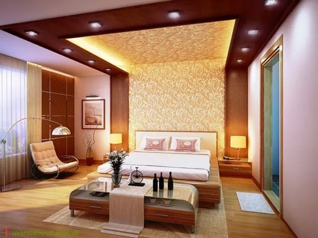 Mẫu trần gỗ kết hợp thạch cao hiện đại