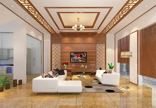 Trần gỗ kết hợp thạch cao với hệ đèn hắt
