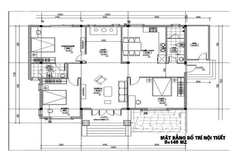 Bản vẽ mặt bằng nội thất nhà 3 gian hiện đại