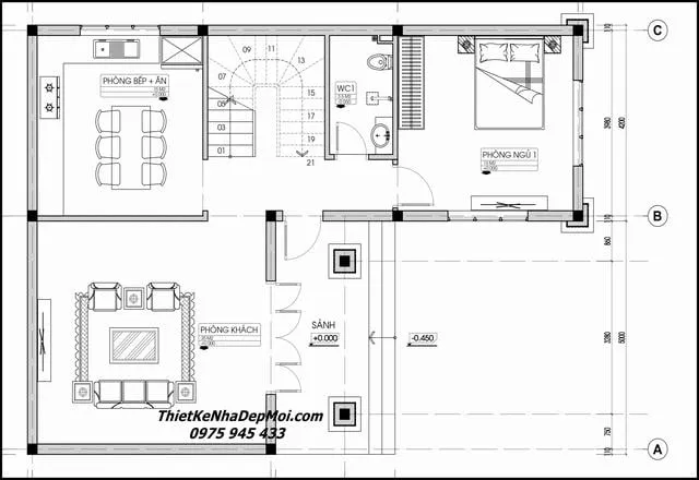 Bản vẽ mặt bằng tầng trệt nhà 3 gian chữ L