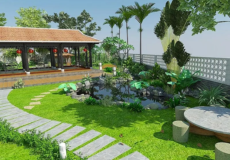 Mẫu thiết kế sân vườn đẹp với hồ cá, cây xanh và tiểu cảnh