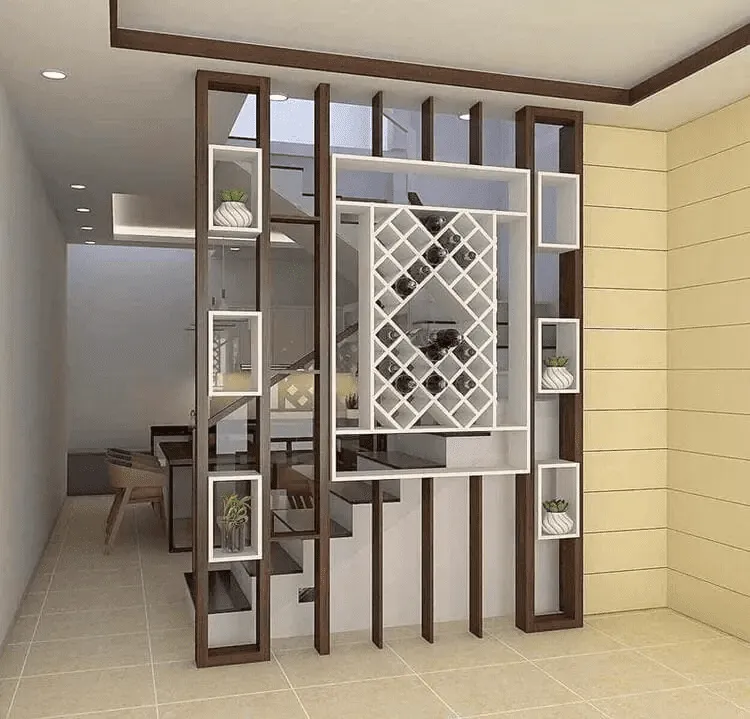 Mẫu vách ngăn cầu thang kết hợp kệ trang trí