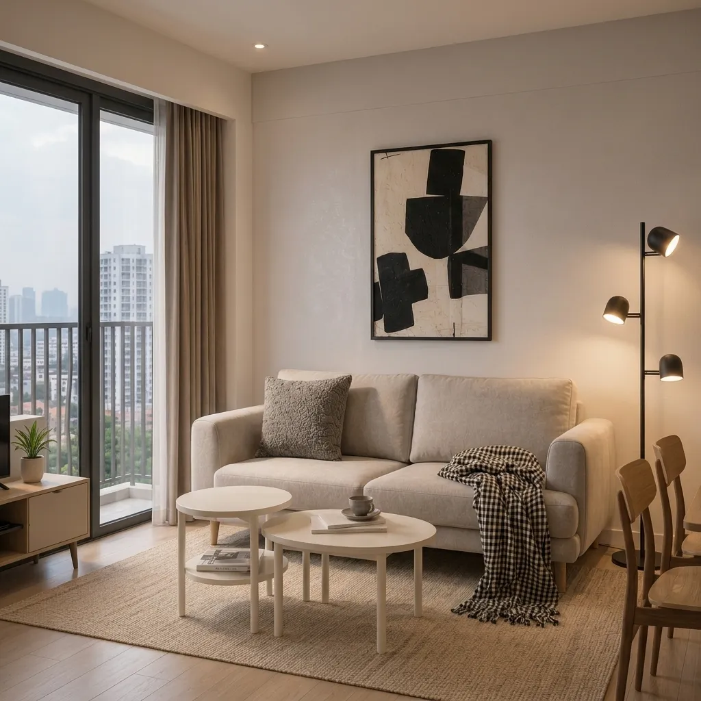 Combo phòng khách Monochrome Calm với sofa KLINE và tranh Wabi Sabi