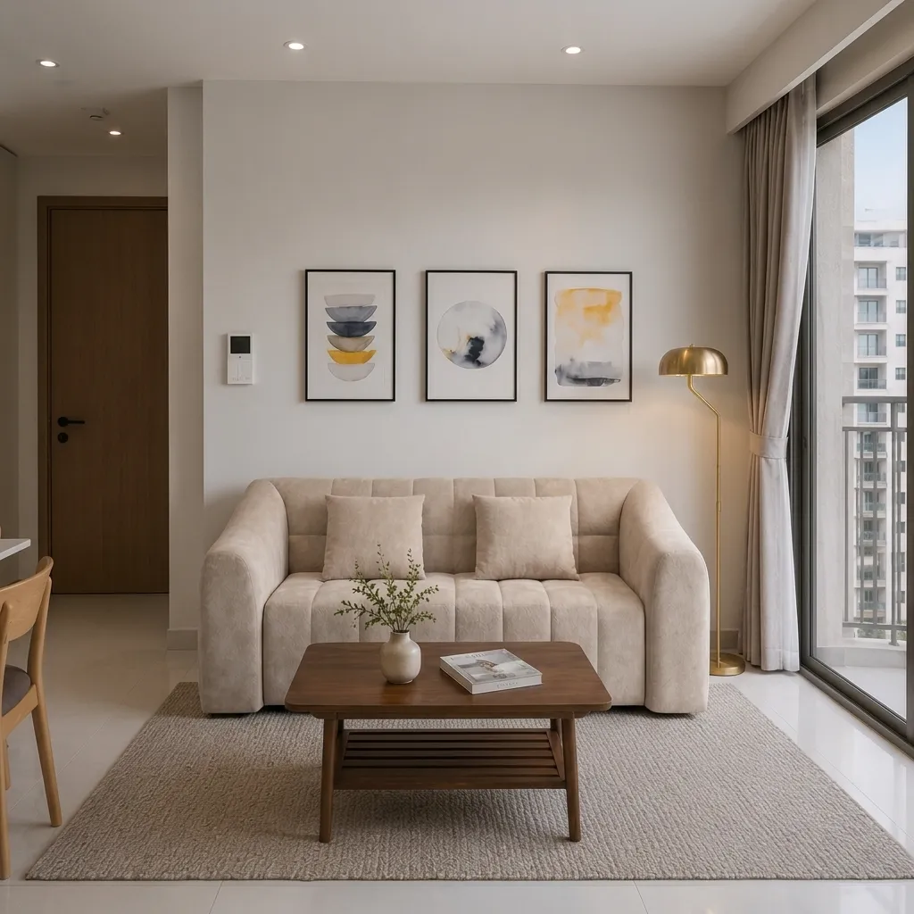 Combo phòng khách Golden Hour với sofa 2m và đèn cây vàng đồng