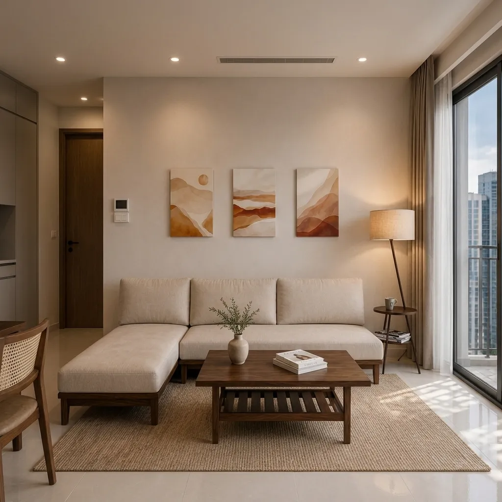 Combo phòng khách Sunset Terracotta với sofa góc MOHO VLINE 601