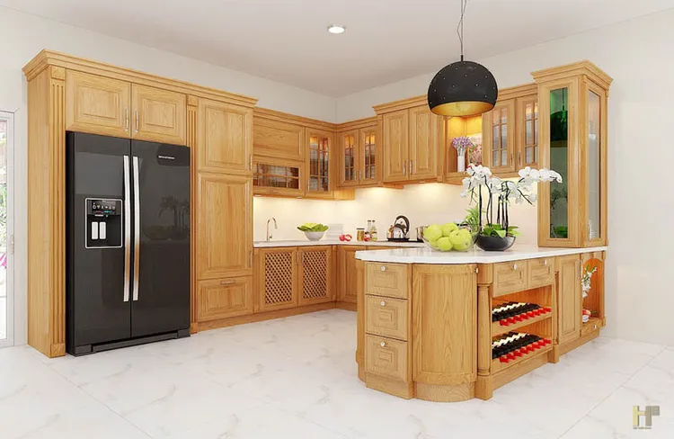 Không gian nhà bếp được chế tác từ gỗ bách xanh