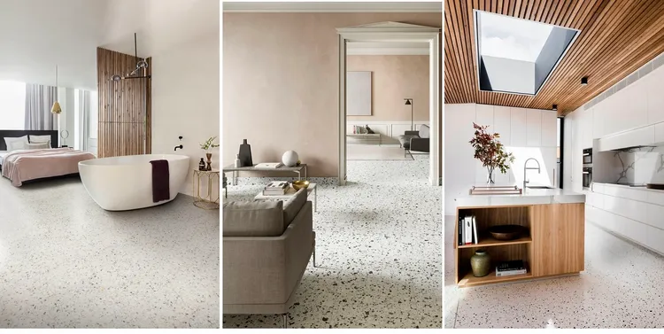 Đa dạng về màu sắc và hoa văn: Gạch Terrazzo có thể được sản xuất với nhiều màu sắc và hoa văn khác nhau, từ những mảng màu đơn giản đến những hoa văn phức tạp, phù hợp với nhiều phong cách thiết kế khác nhau.