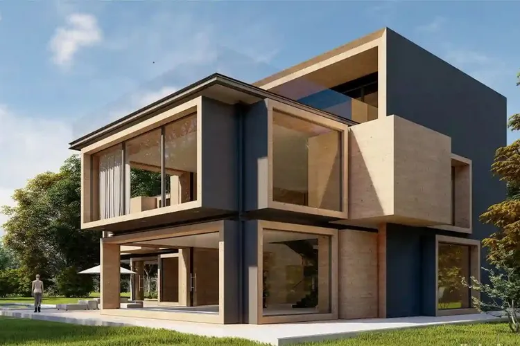 Mẫu nhà 2 tầng đẹp độc đáo với thiết kế dạng hộp, được xây dựng với các tường thẳng đứng, một mái bằng phẳng hoặc mái chữ A đơn giản, và các cửa sổ được đặt đều trên toàn bộ bề mặt nhà.