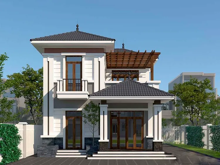 Nhà 2 tầng mái Nhật là một kiểu kiến trúc nhà cửa phổ biến tại Nhật Bản. Kiểu nhà này có đặc điểm là có mái dốc nghiêng về phía trước và phía sau, tạo thành một hình chữ V, tạo nên một vẻ đẹp tinh tế, gần gũi với thiên nhiên và độc đáo.