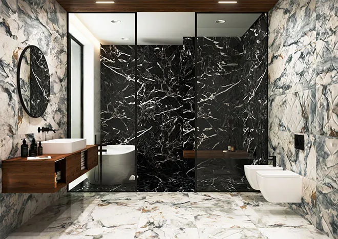 Nhà vệ sinh ấn tượng với sự kết hợp tuyệt vời giữa nhiều gam màu của đá marble