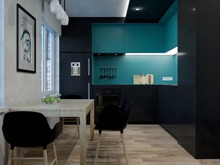 Tủ bếp acrylic màu đen phối xanh ghi