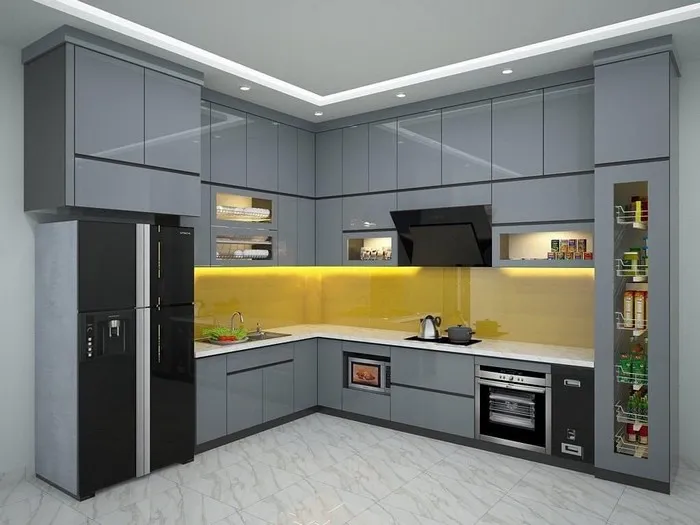 Tủ bếp acrylic màu xanh dương nhạt phối nội thất màu đen