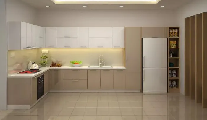 Tủ bếp acrylic màu kem được lắp ở dưới và tủ bếp trắng lắp ở trên